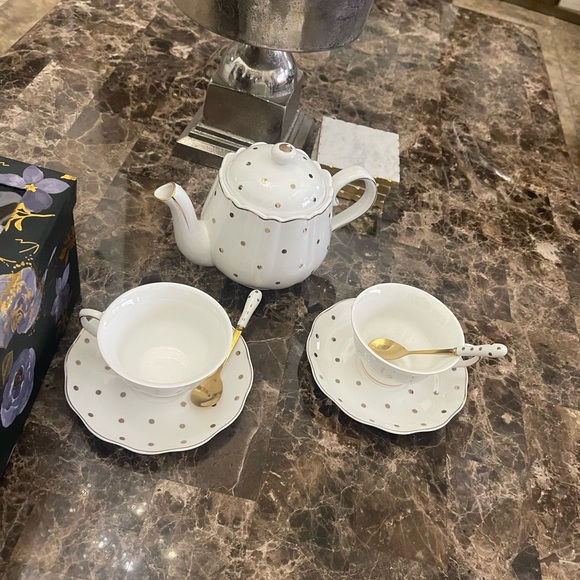 7pc white & gold polkadot Teapot, spoons, Cup & Saucer boxed by Grace teaware - Picture 11 of 16